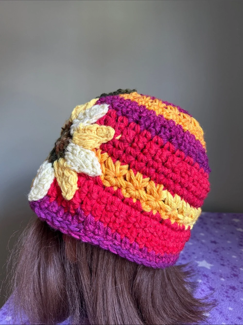 Hand-Crocheted Multicolor Sunflower Beanie - Yellow Accent medium